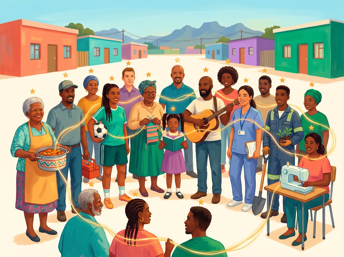 The booklet cover: a warm, colourful illustration of a Western Cape community full of people, with the feeling that the community is full of gifts.