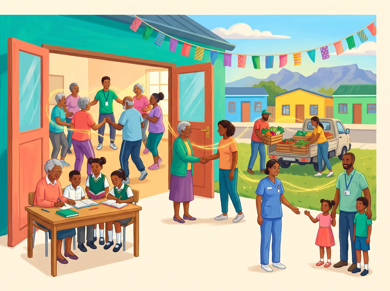 An illustration of gifts turning into action: people being introduced to one another and starting to work together.