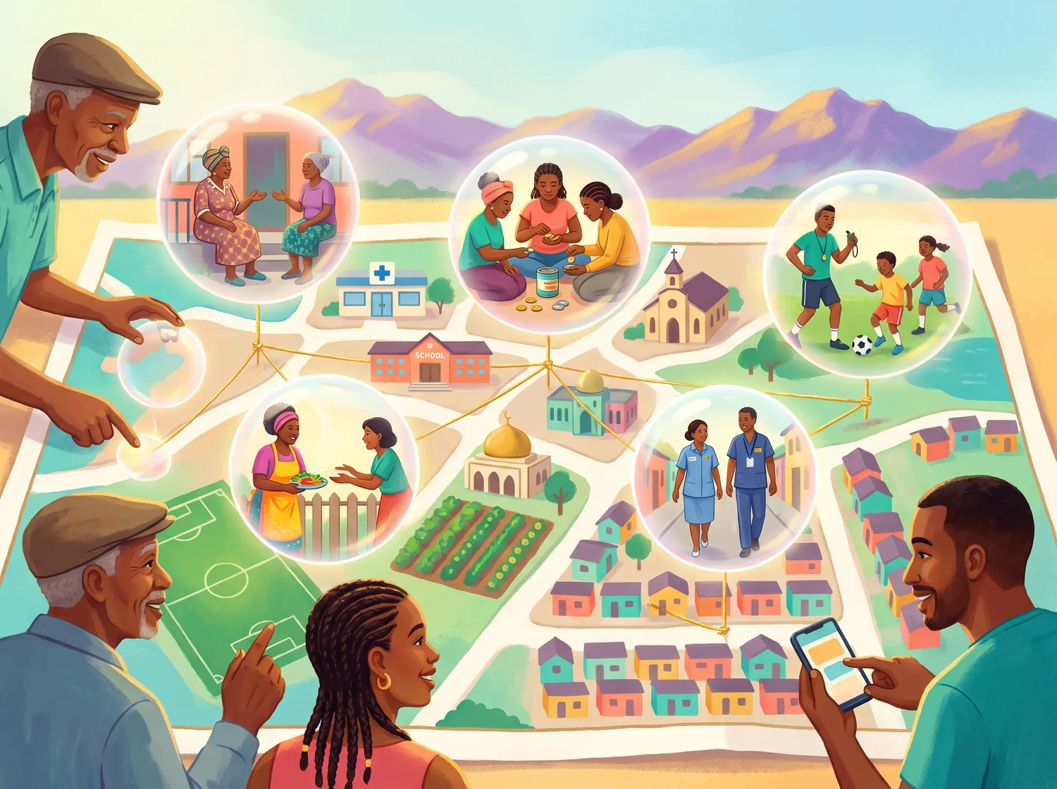 A large hand-drawn neighbourhood map with glowing story bubbles rising from several points, each holding a little scene from a person's story, tethered to its exact place by golden threads.