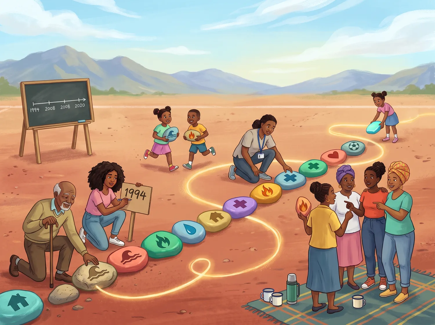 A sunlit dusty community soccer pitch where residents build a timeline from a line of painted stones, each marked with a picture: a house, a flood wave, a flame, a raindrop, a heart, a soccer ball. An elder places the first stone; children and a health worker add others.