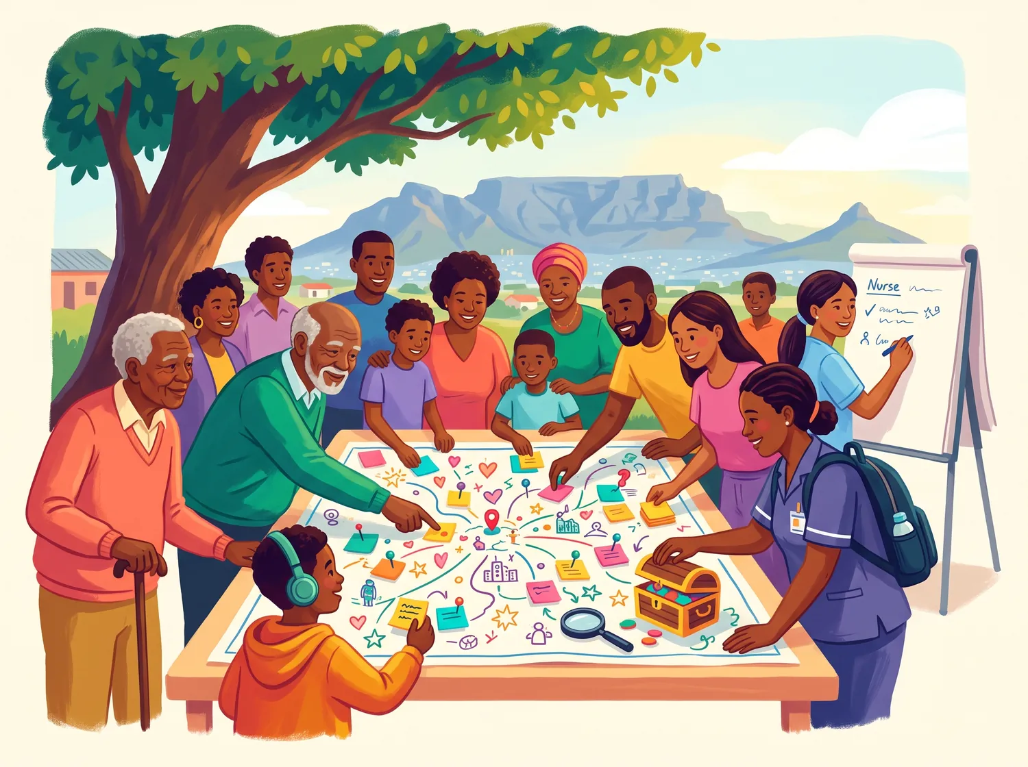 Community members and health workers lean over a big hand-drawn map of their neighbourhood under a tree, placing bright sticky notes, pins and tokens, with an elder telling a story and a nurse writing on a flipchart.
