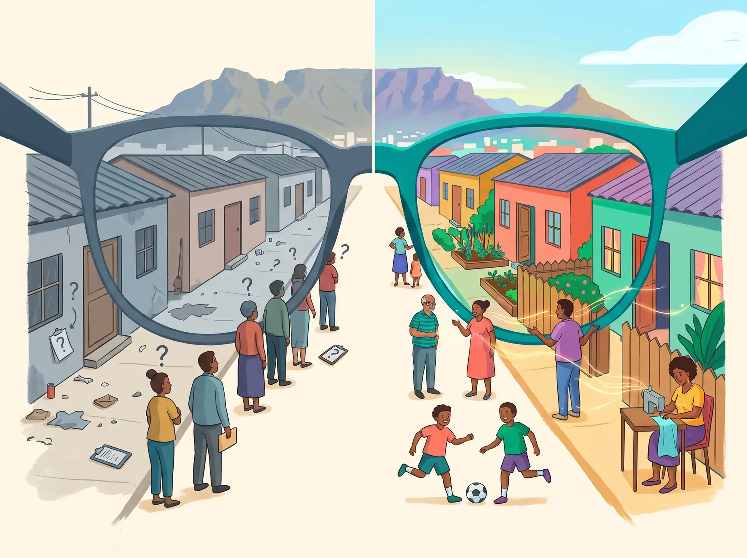 A single street shown two ways: on the left a muted grey-blue needs lens with closed doors and a queue of passive people; on the right the identical street in full colour, with open doors, a garden, neighbours talking and children playing.