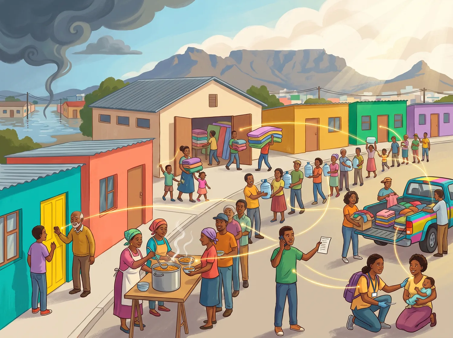 An illustration of a community pulling together through a hard time, neighbours helping neighbours.